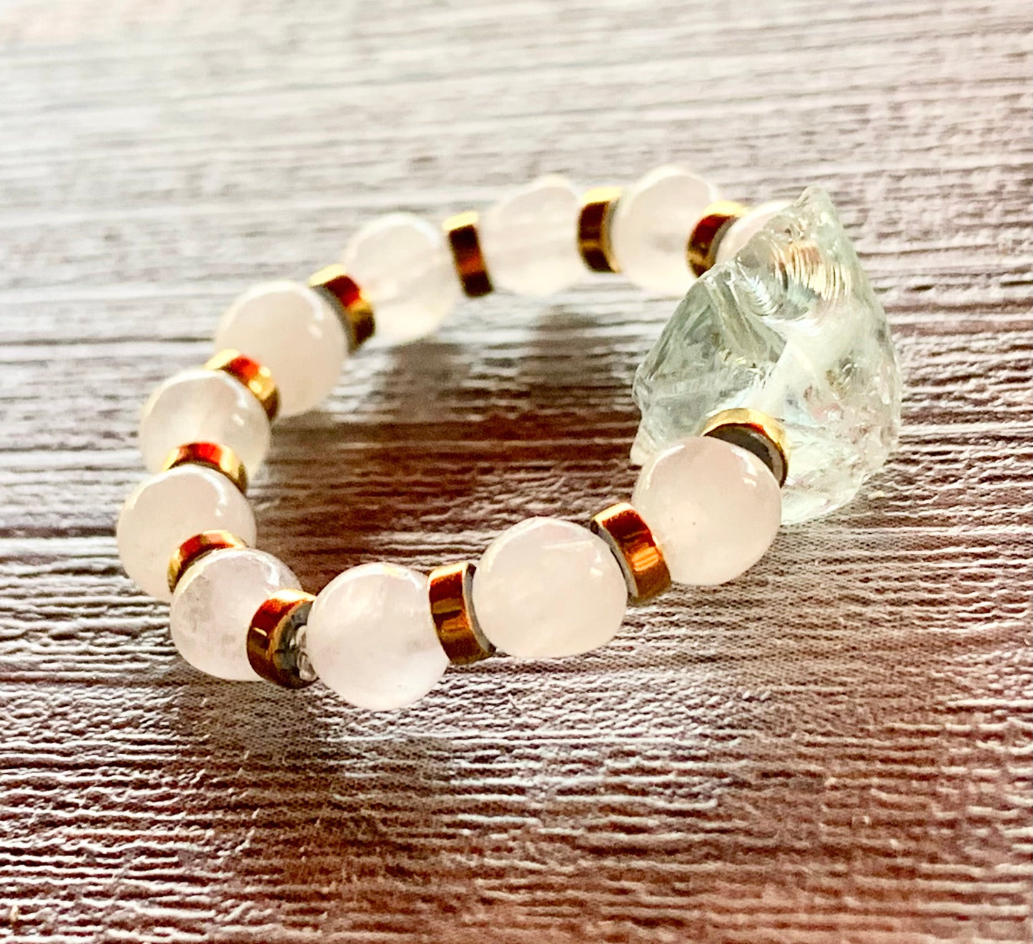 Mia Handmade Raw Light Blue Topaz, Rainbow Moonstone, and Hematite Expandable Ring