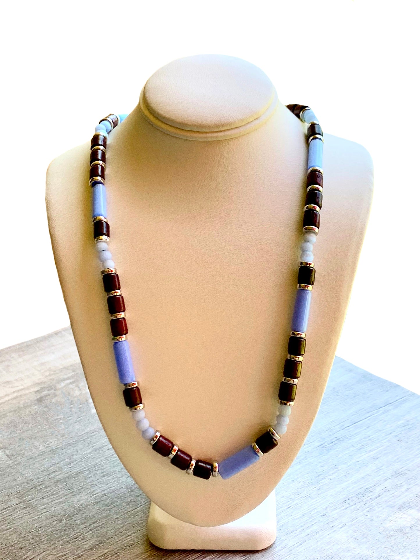 Morgan Handmade Cats Eye, Wood, and Brass 25" Beaded Necklace