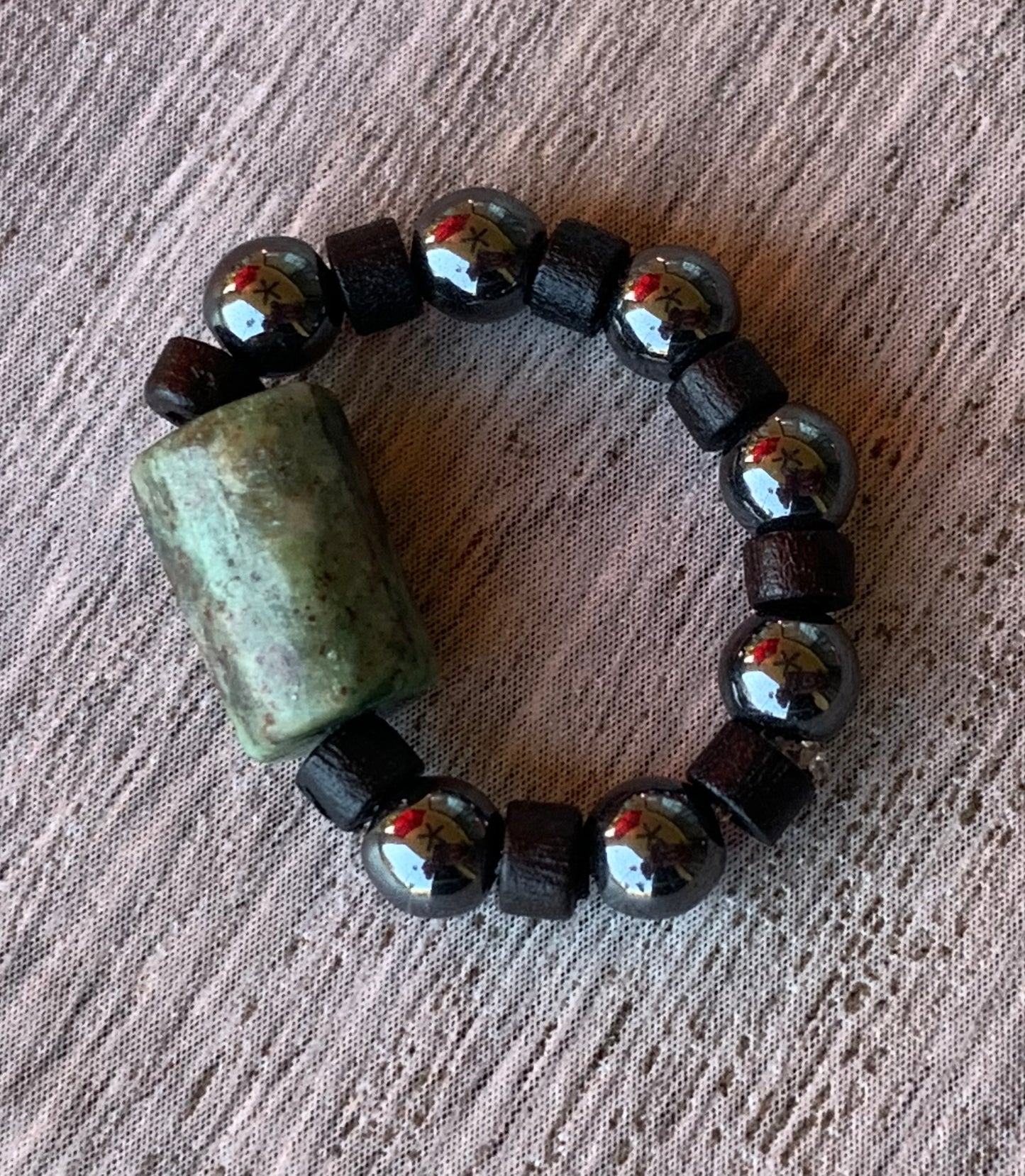 Ellen Handmade Emerald, Wood, and Black Hematite Expandable Ring