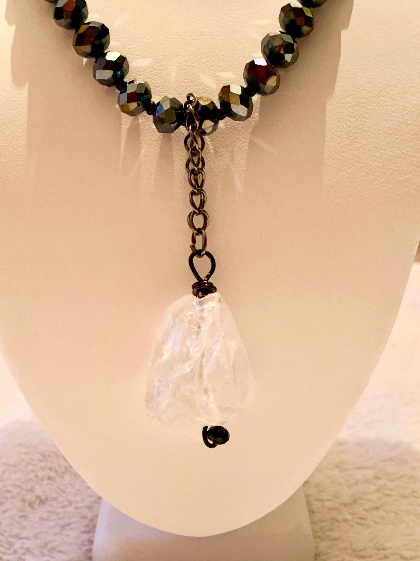 Aurora Handmade Beaded Chocker/ Necklace with a Chunky Raw White Quartz Crystal Pendant - Born Mystics