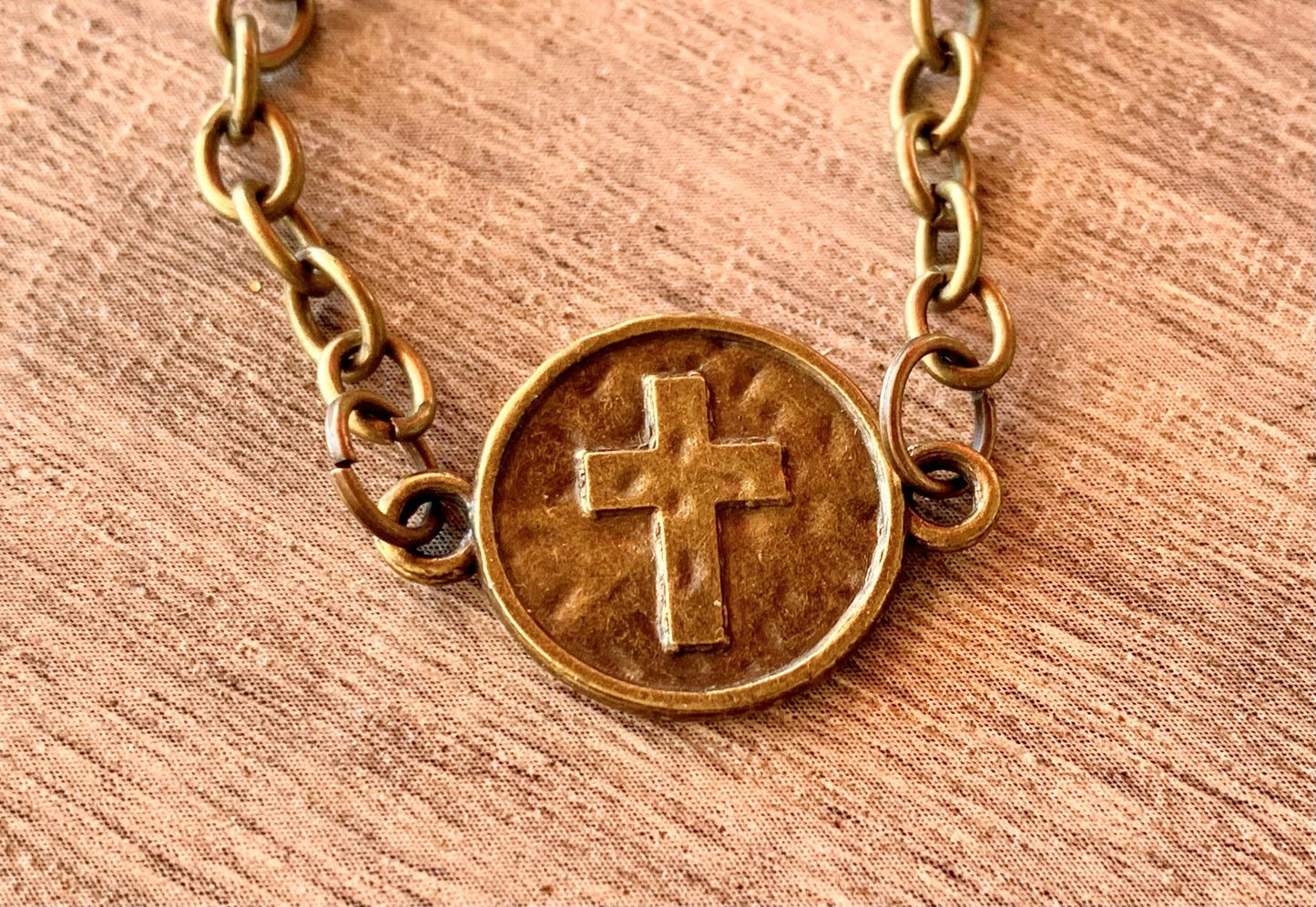 Cross on a Coin Pendant on a 17" Antique Brass/ Gold Color Necklace/Choker - Born Mystics