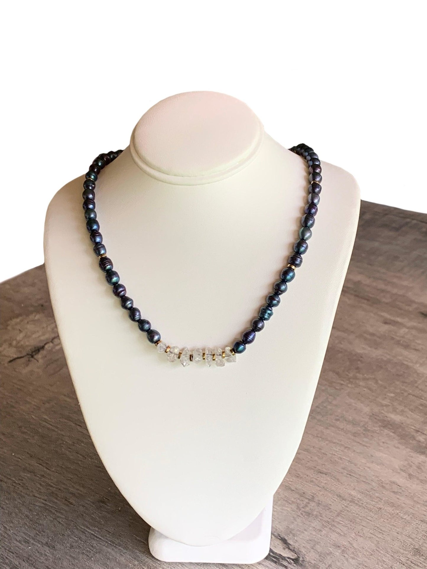 Durriya Handmade Baroque Pearl, Herkimer Diamond, and Gold Plated Hematite 15" Choker/ Necklace - Born Mystics