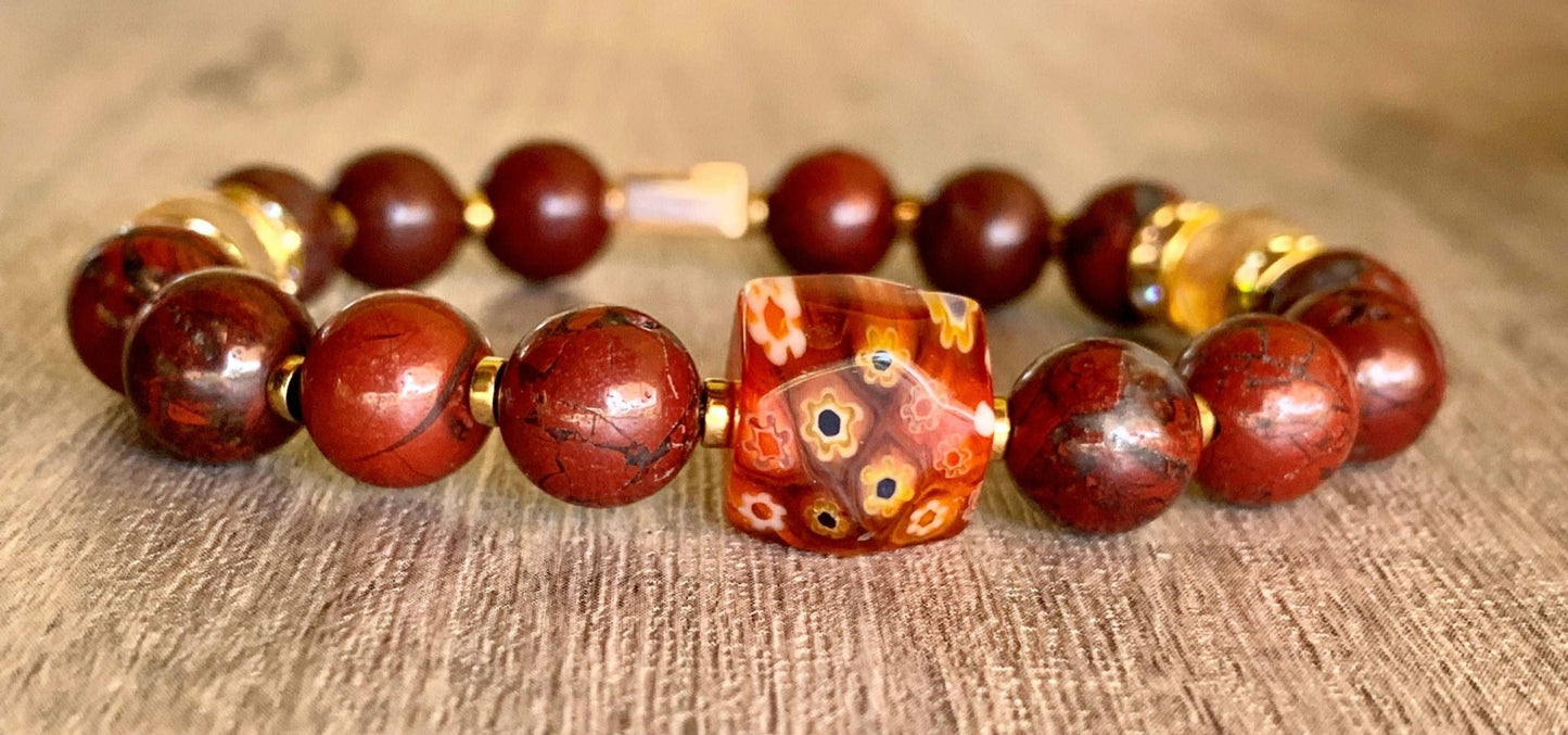 Gabriella Handmade Red Jasper, Citrine, Gold Hematite, Millefiori & Austrian Crystal Expandable Bracelet - Born Mystics
