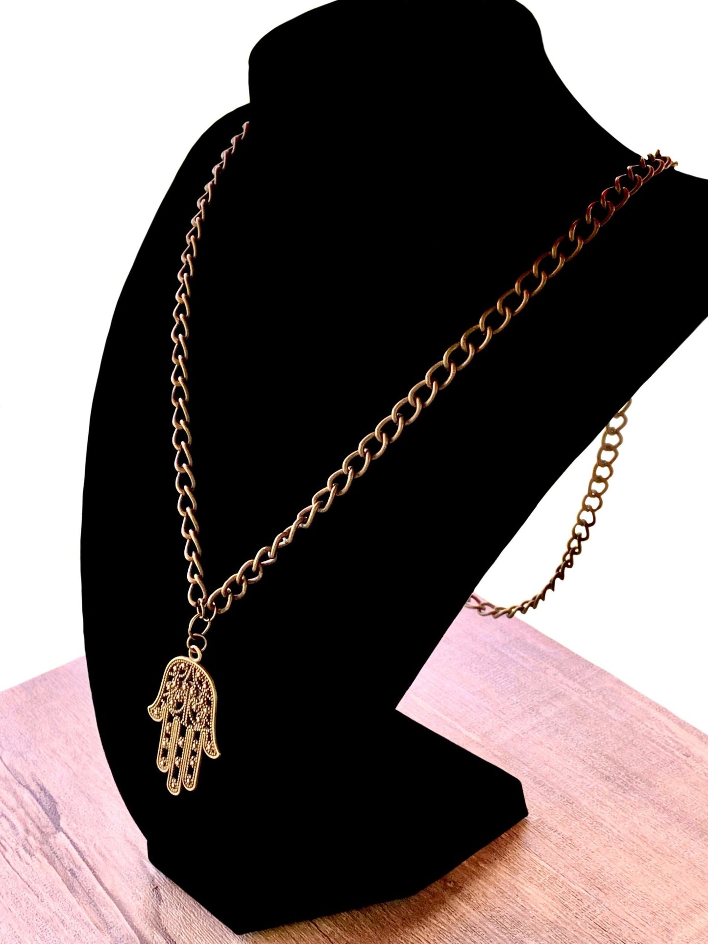 Hamsa Pendant on a 29" Antique Brass/ Gold Color Necklace - Born Mystics