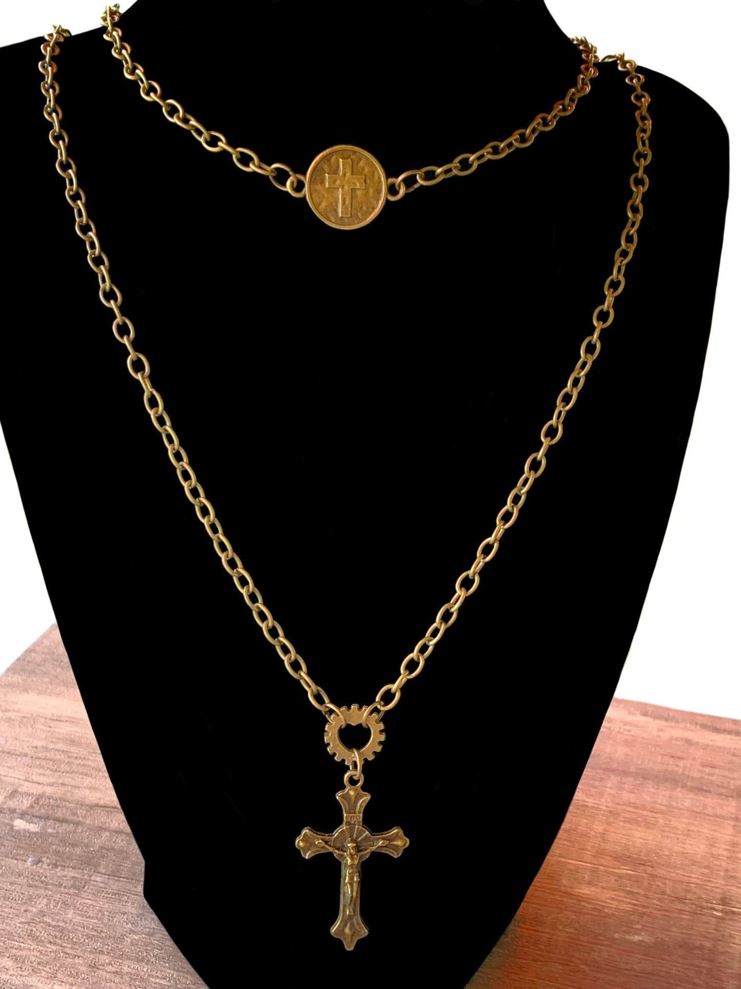 Jesus On The Cross Pendant on a 31" Antique Brass/ Gold Color Necklace - Born Mystics