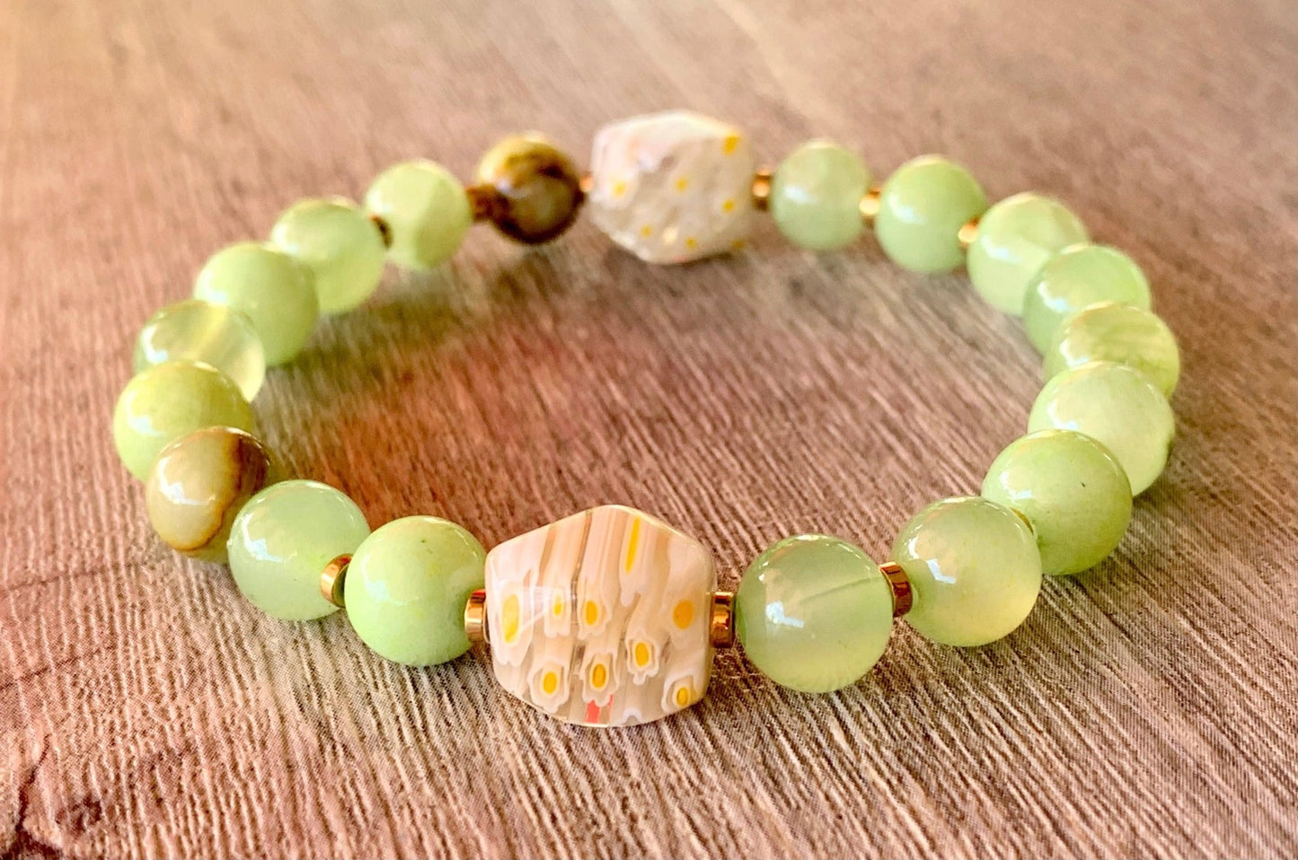 Jocelyn Handmade Light Green Jade, Gold Plated Hematite and Mille Fiori Glass Expandable Bracelet - Born Mystics