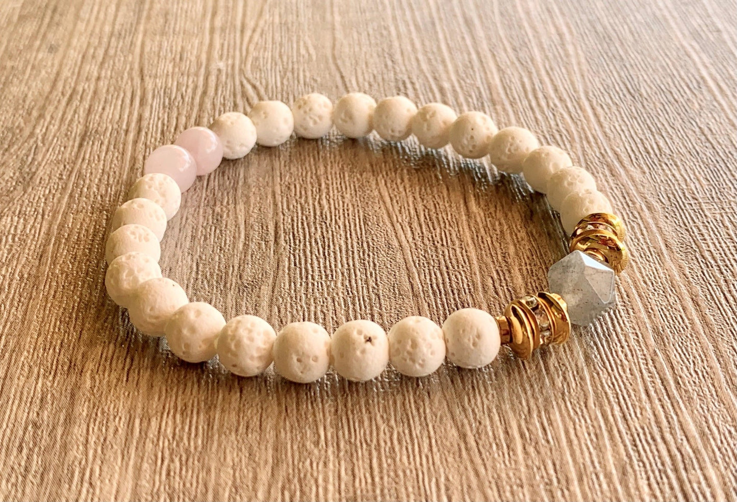Paula Handmade Labradorite, Rose Quartz, Gold Plated Hematite, and White Lava Stone Expandable Bracelet - Born Mystics