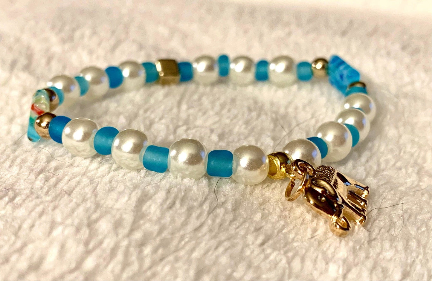 🔴SOLD🔴Lucky Elephant Handmade Faux Pearl and Millefiori Glass Beaded Expandable 6" Bracelet - Born Mystics