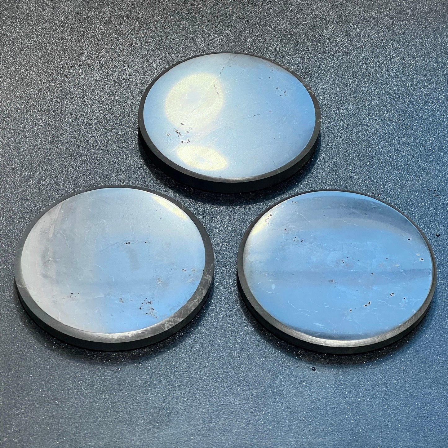 Black Shungite Polished Coaster (3.5 Inch) Circle Plate Polished Carving Russian Mineralized Carbon