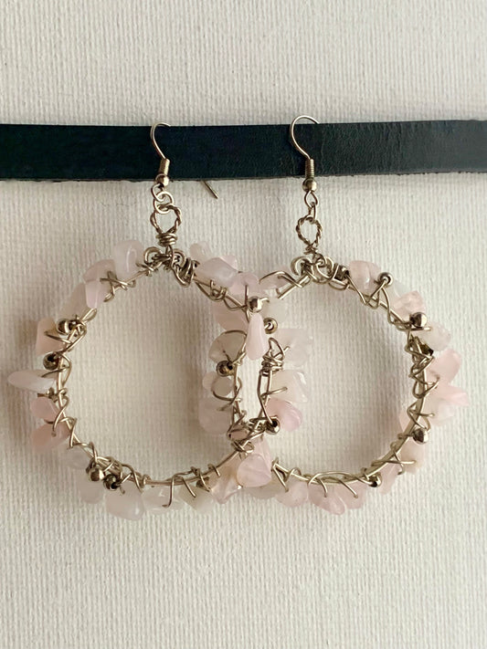 Aphrodite Handmade Genuine Rose Quartz Wire Wrapped Hoop Earrings 