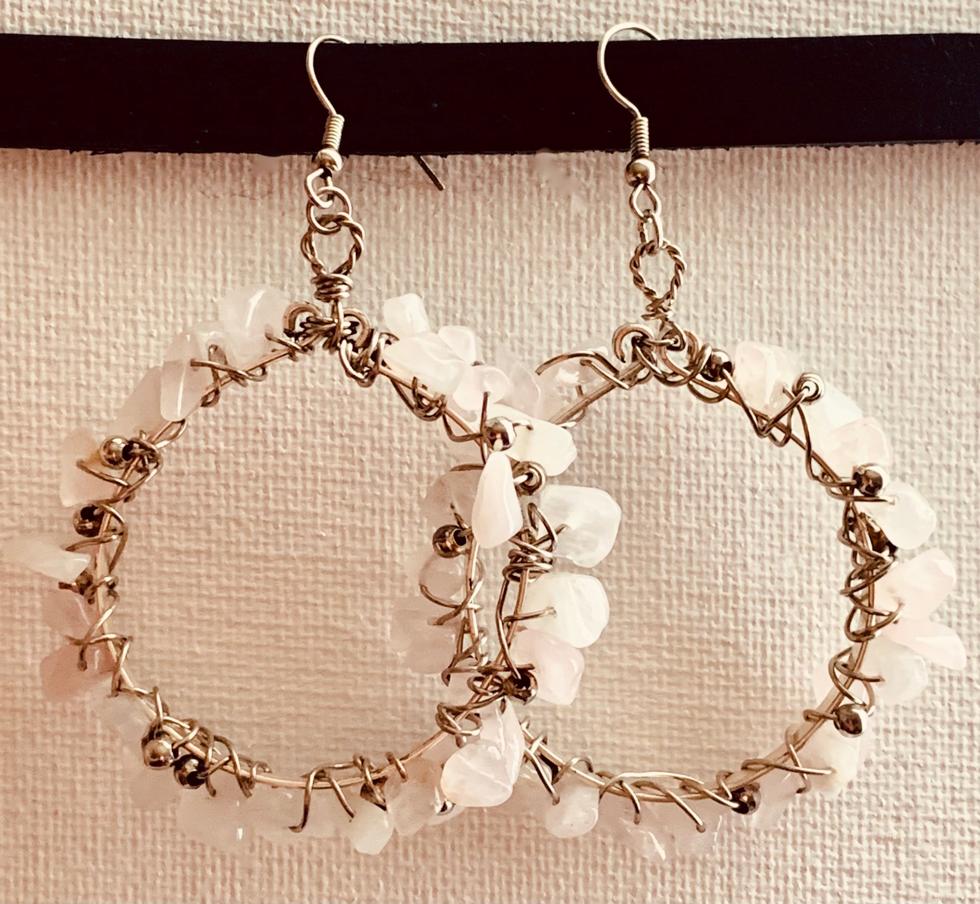 Aphrodite Handmade Genuine Rose Quartz Wire Wrapped Hoop Earrings 