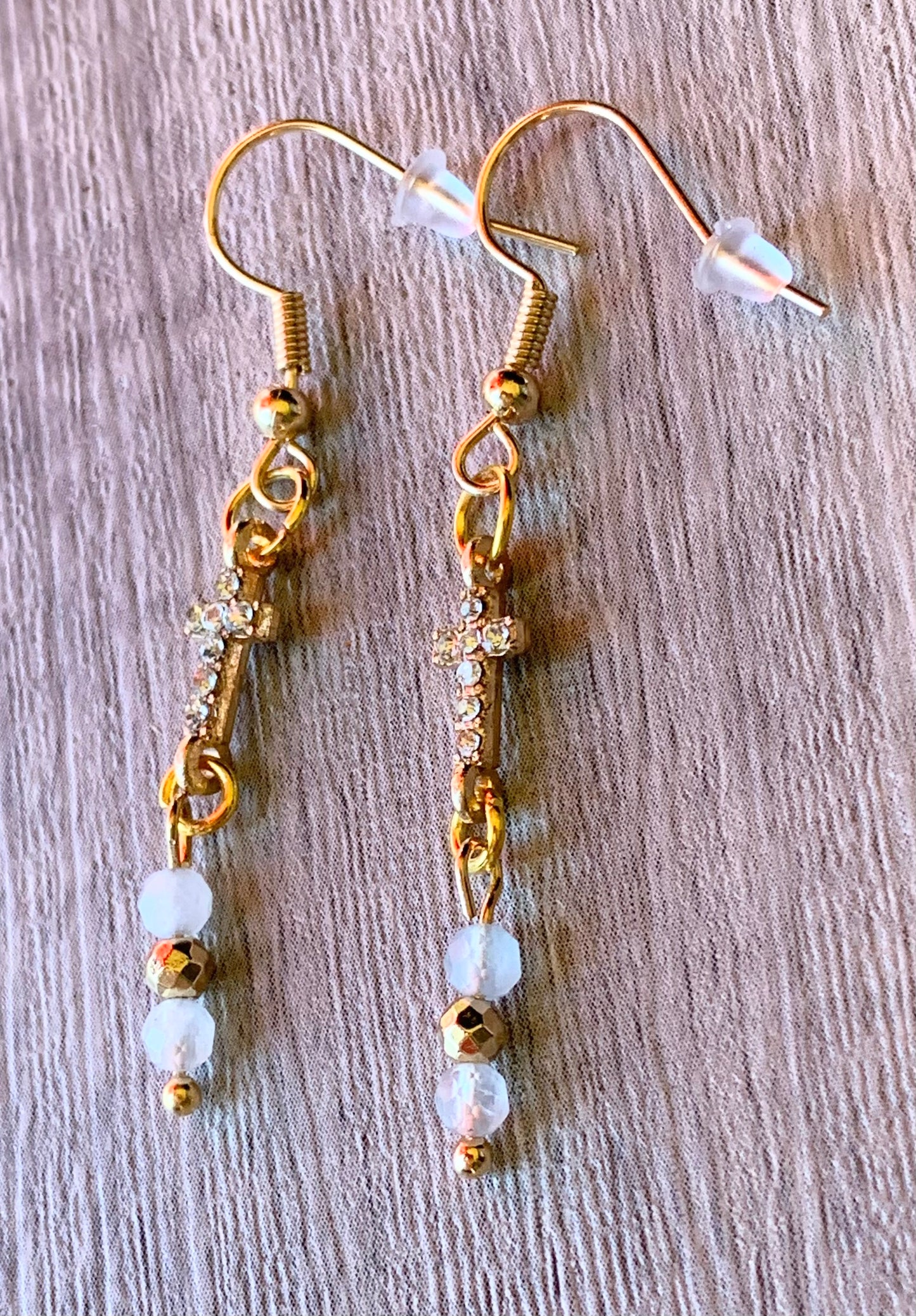 Arista Handmade Aquamarine Dangle Earrings With Rhinestone Cross Pendants