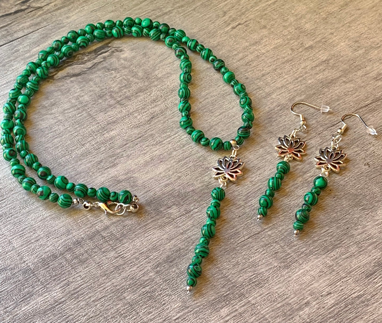 Aurora Handmade Malachite 23" Necklace and Earring Set with Lotus Flower Pendant