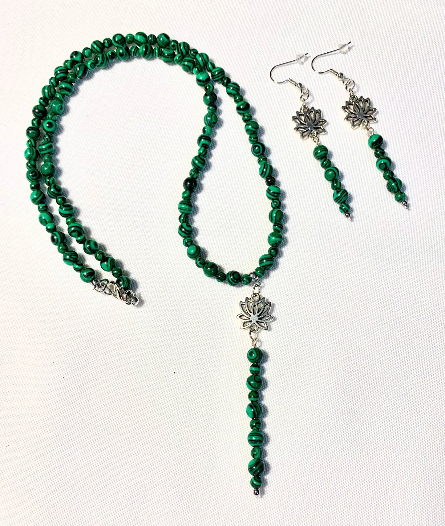 Aurora Handmade Malachite 23" Necklace and Earring Set with Lotus Flower Pendant