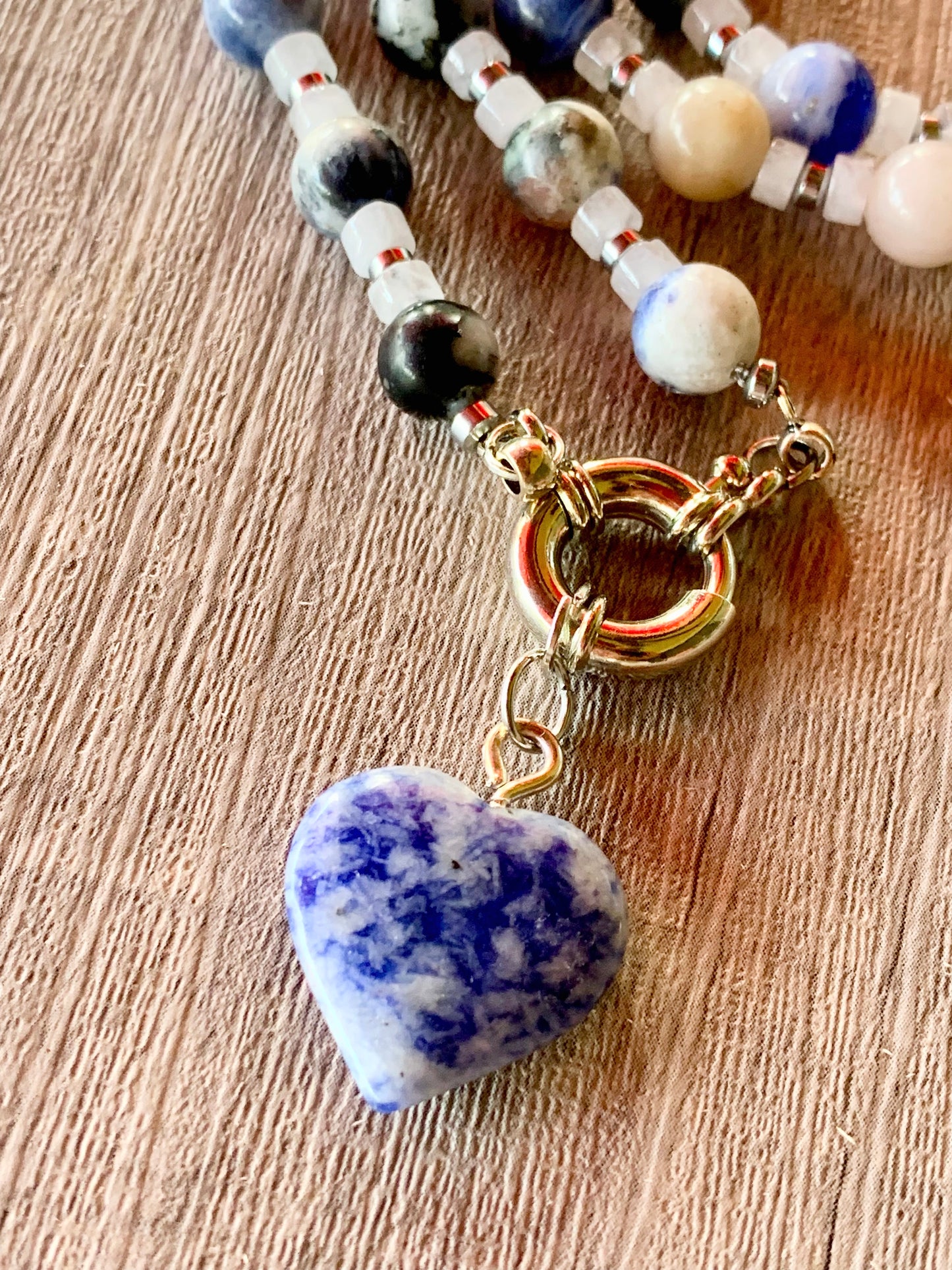 Belinda Handmade Sodalite, Moonstone, and Silver Plated Hematite 30" Necklace with Sodalite Heart Pendant