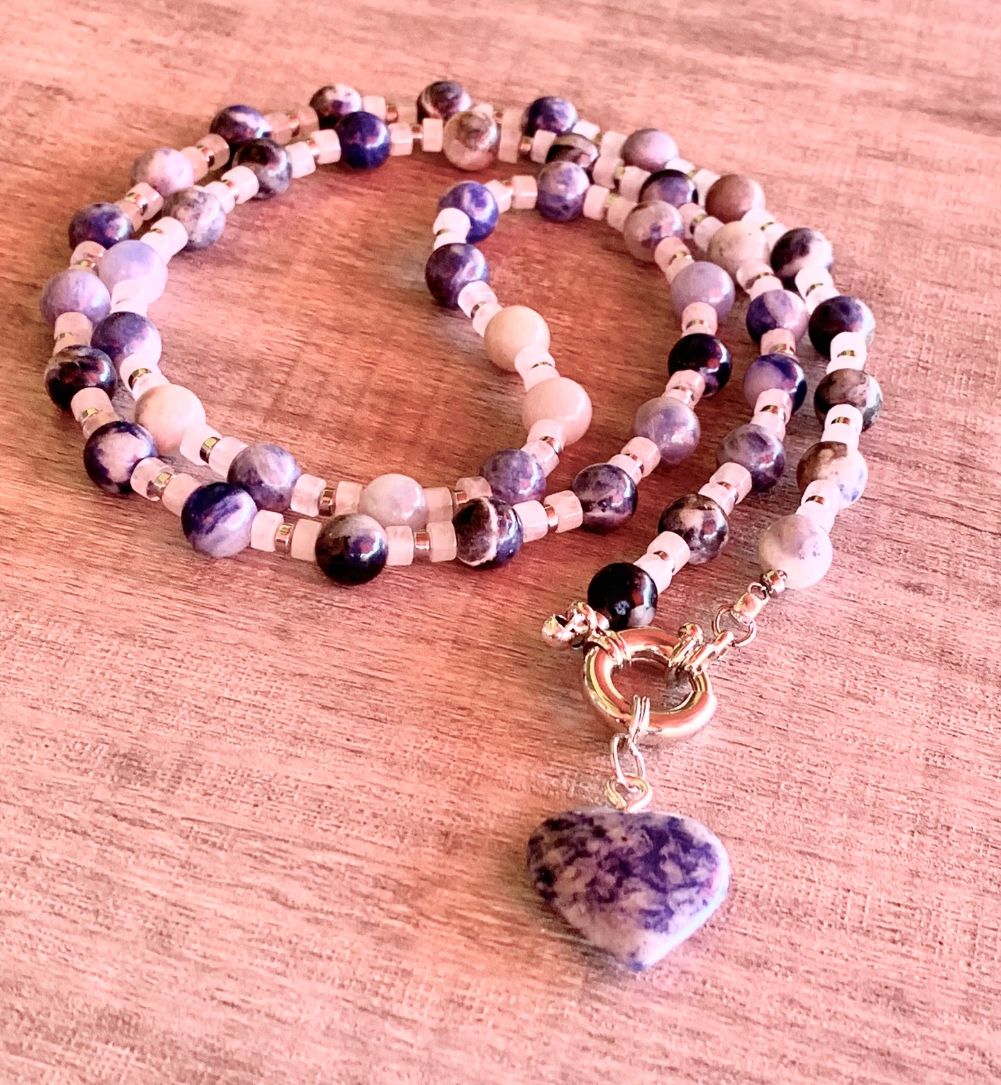 Belinda Handmade Sodalite, Moonstone, and Silver Plated Hematite 30" Necklace with Sodalite Heart Pendant