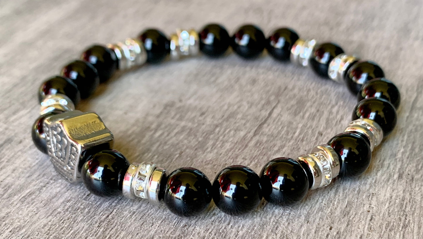 Blake Handmade Obsidian Expandable Bracelet with Crown Charm