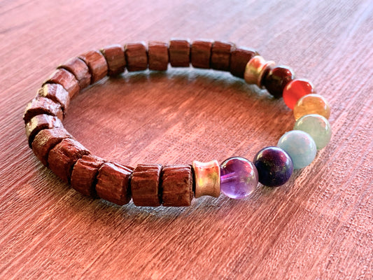 Chakras Handmade Wood and Mixed Rainbow Gemstone Expandable Chakra Bracelet