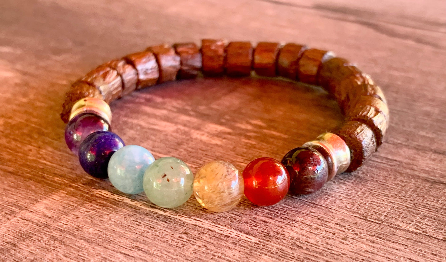 Chakras Handmade Wood and Mixed Rainbow Gemstone Expandable Chakra Bracelet