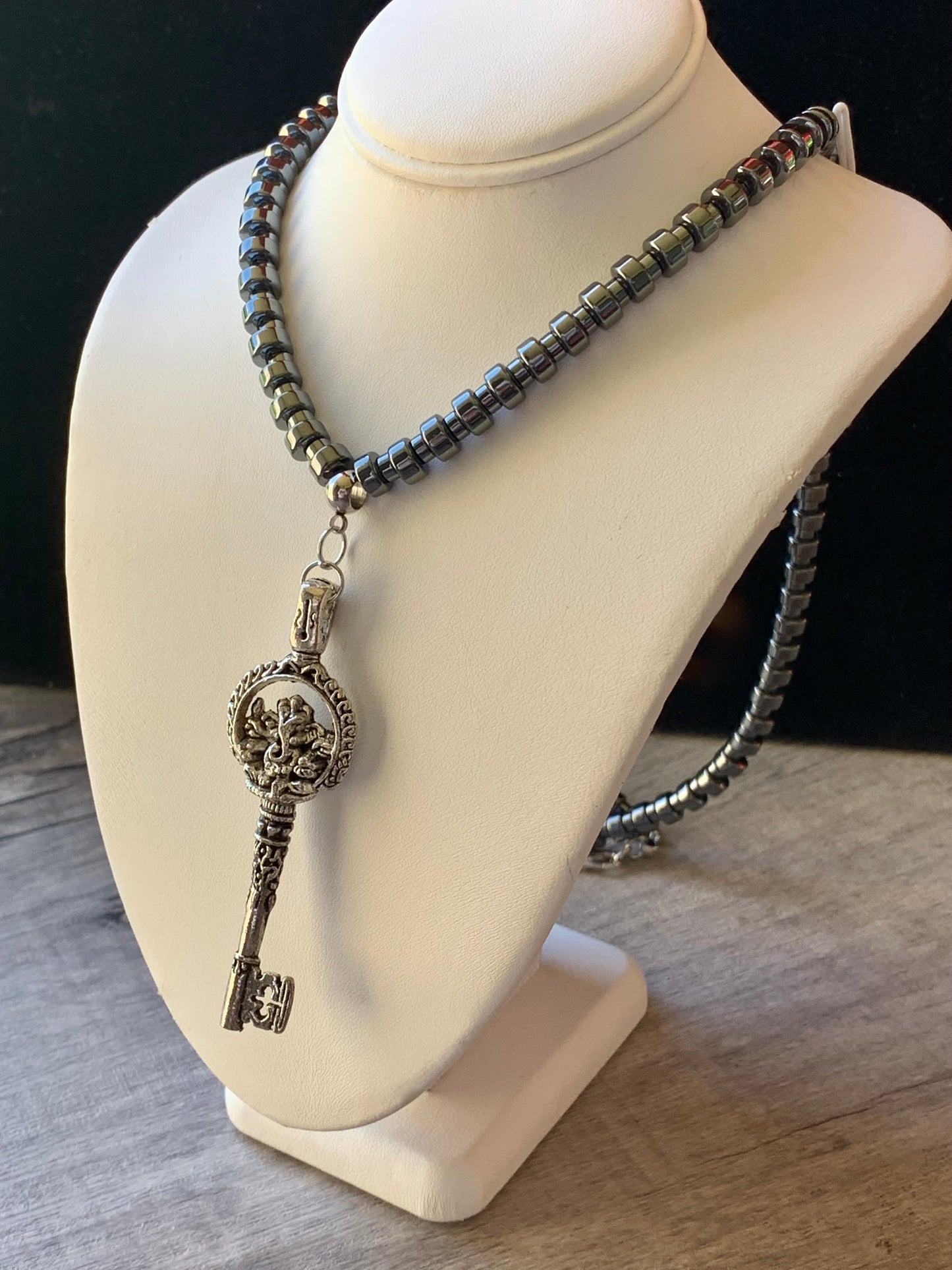 Handmade Hematite Necklace with Ganesh Key Unisex One of a Kind