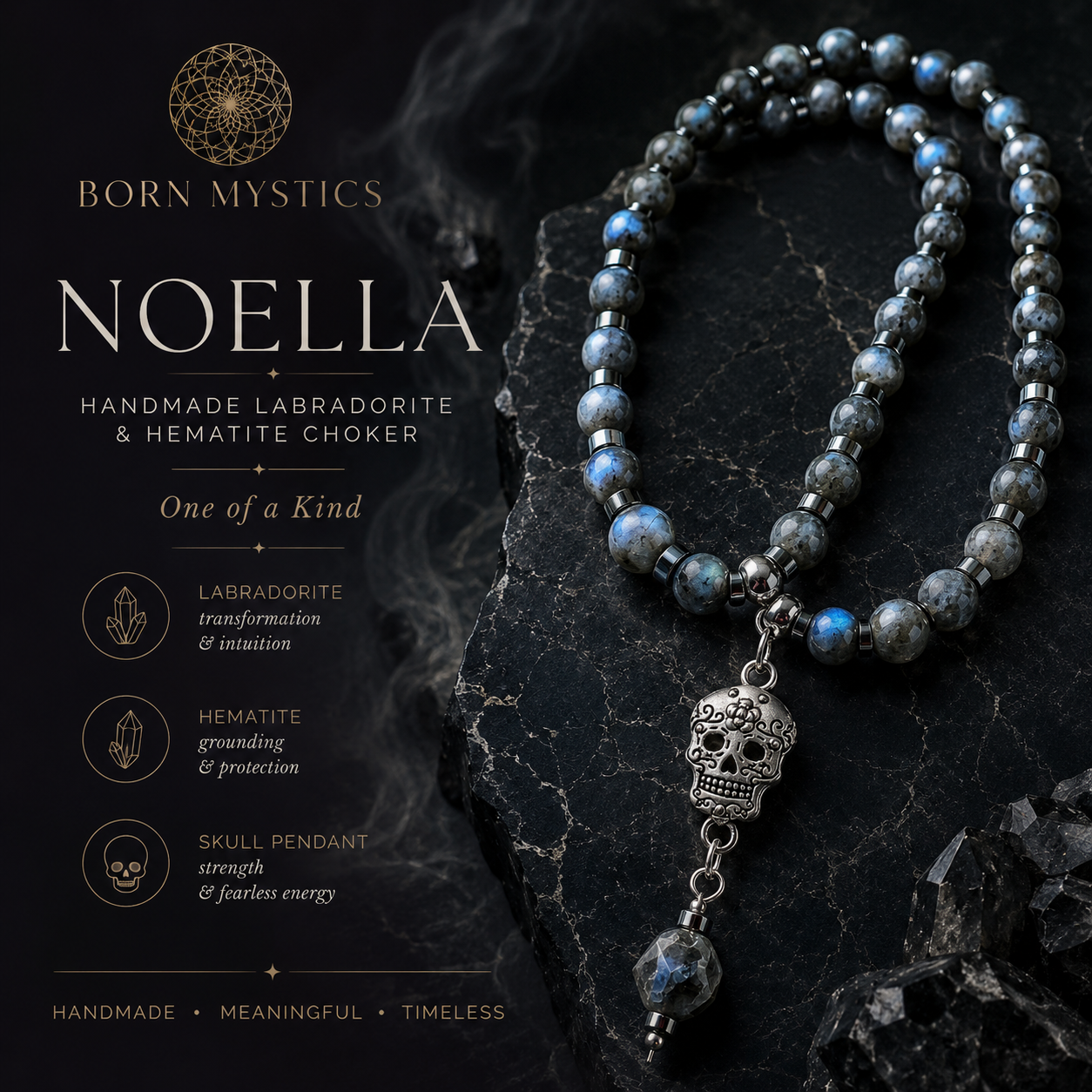 Noella Handmade Labradorite and Hematite 16" Choker with Skull Pendant