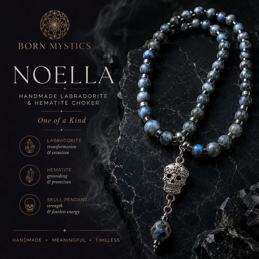 Noella Handmade Labradorite and Hematite 16" Choker with Skull Pendant