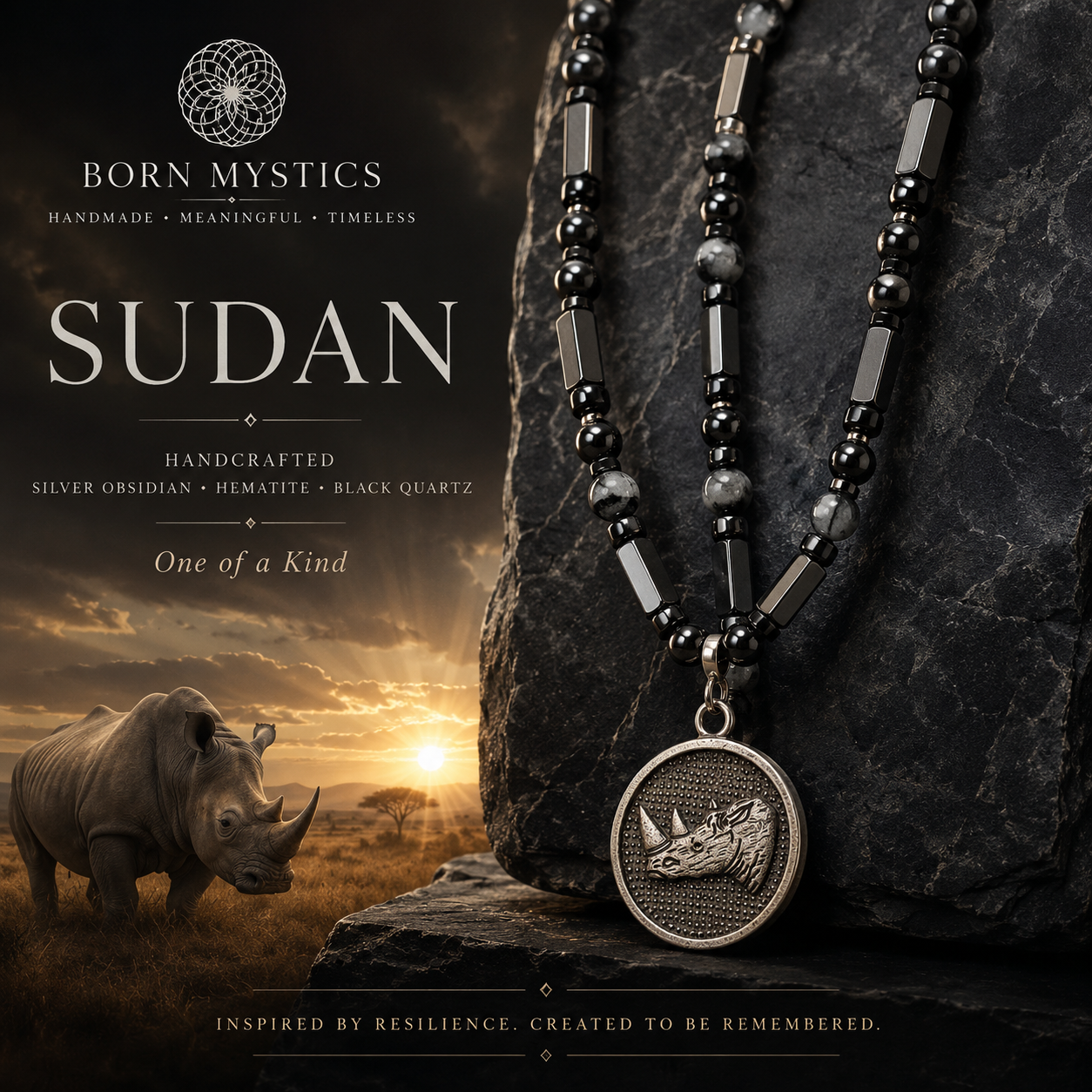 Sudan Handmade Silver Obsidian, Hematite & Black Quartz Necklace