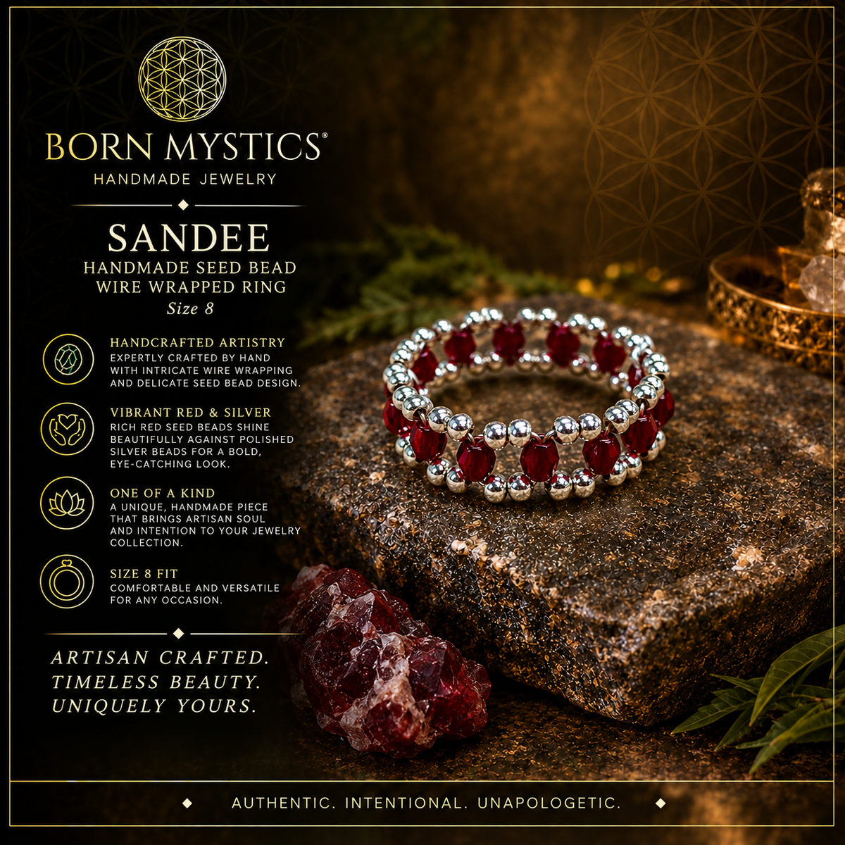 Sandee – Handmade Red & Silver Seed Bead Wire Wrapped Ring | Size 8