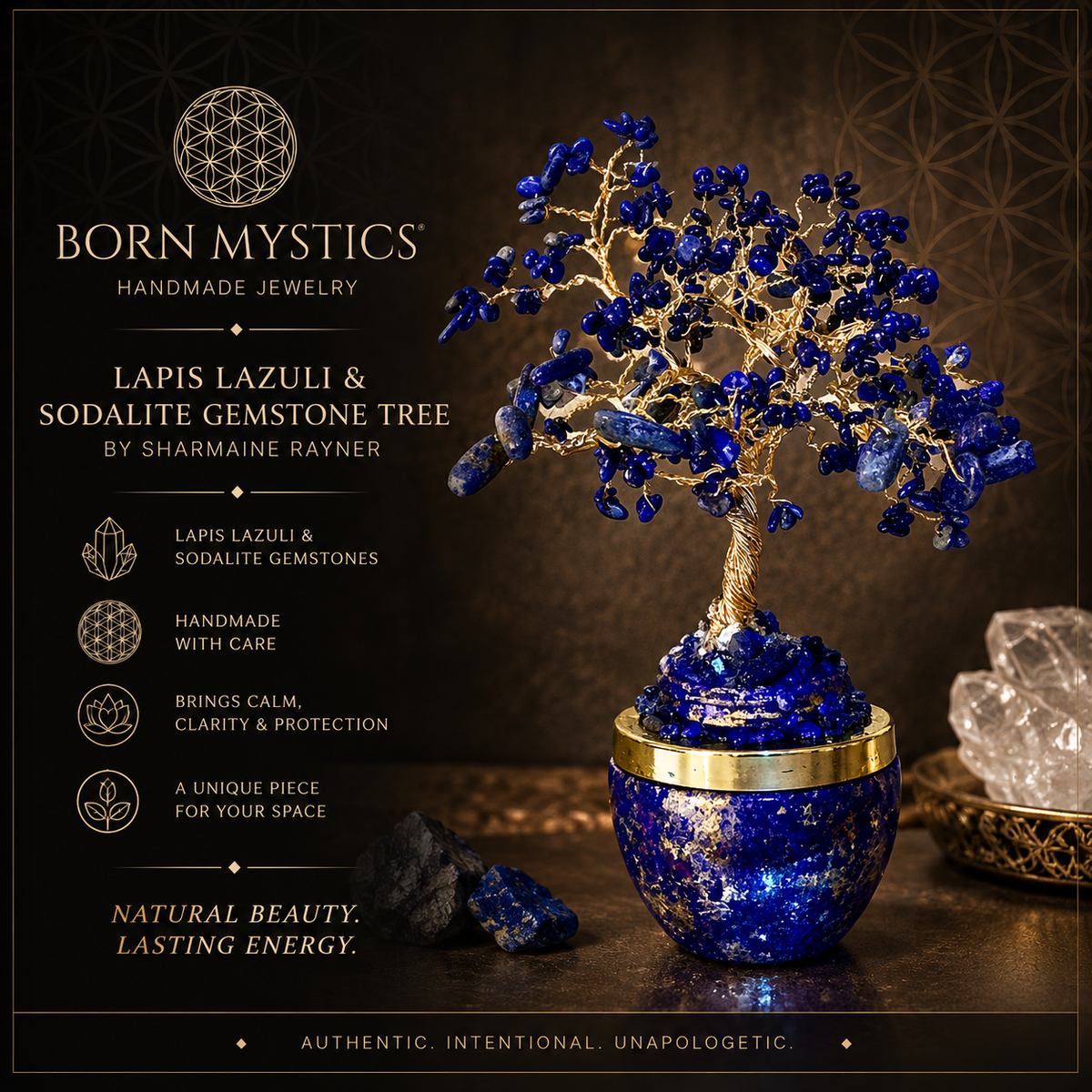 Handmade Lapis Lazuli and Sodalite 8" Gemstone Tree Sculpture in a Painted Glass Pot by Sharmaine Rayner