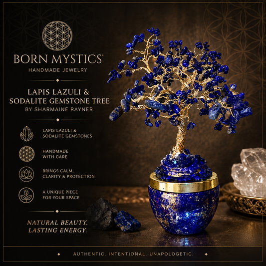Handmade Lapis Lazuli and Sodalite 8" Gemstone Tree Sculpture in a Painted Glass Pot by Sharmaine Rayner