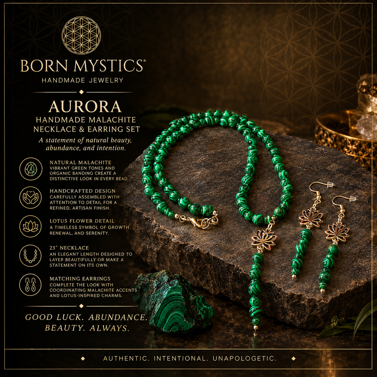 Aurora Handmade Malachite 23" Necklace and Earring Set with Lotus Flower Pendant