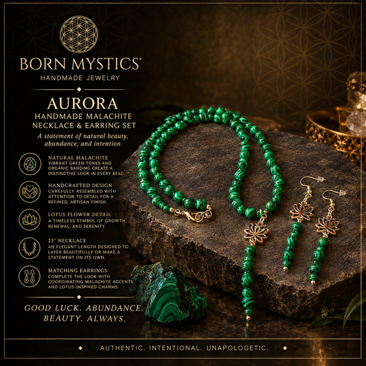 Aurora Handmade Malachite 23" Necklace and Earring Set with Lotus Flower Pendant