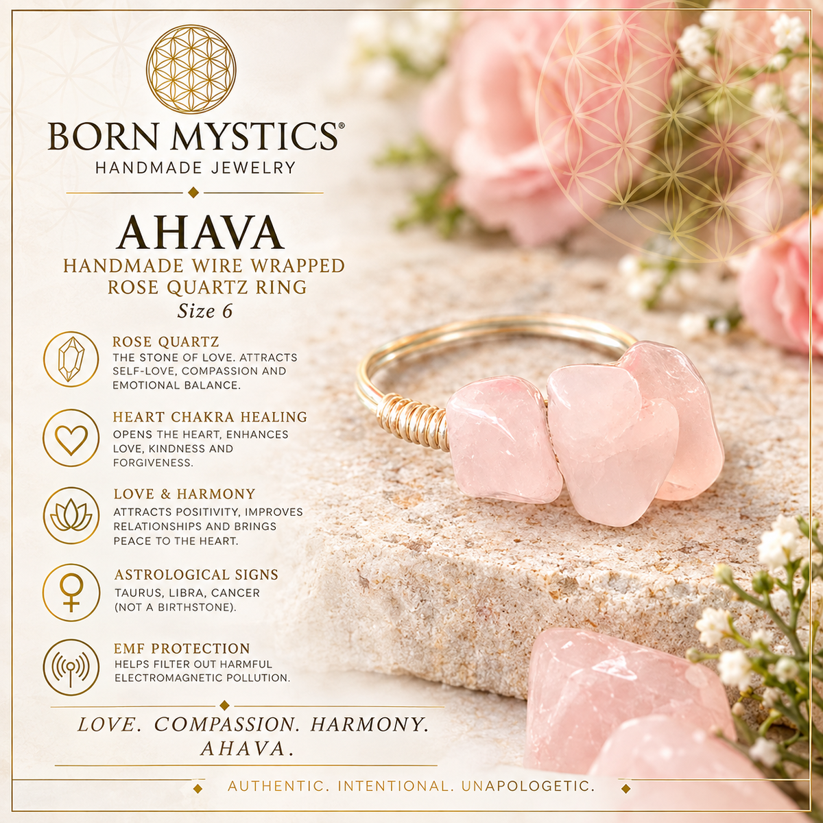 Ahava Handmade Wire Wrapped Rose Quartz Ring Size 6