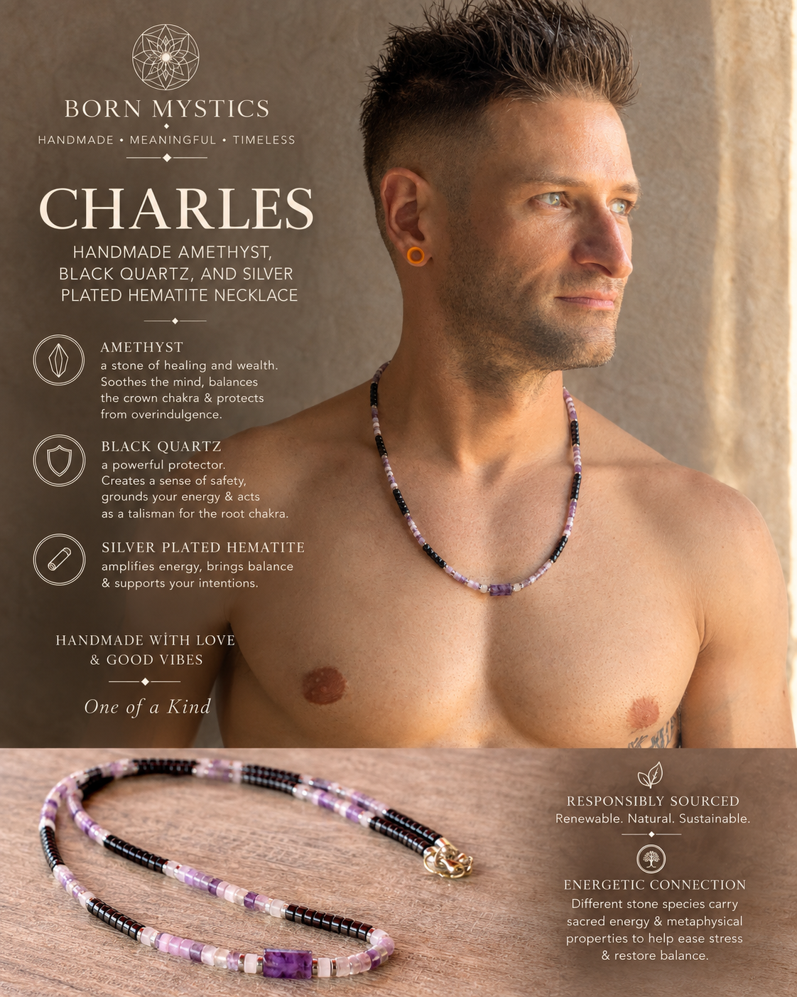 Charles | Handmade Amethyst, Black Quartz & Hematite Necklace