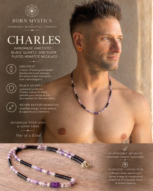 Charles | Handmade Amethyst, Black Quartz & Hematite Necklace