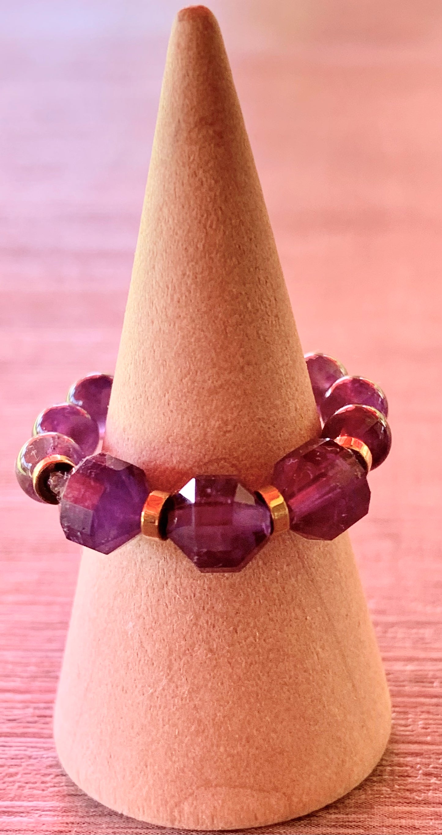 Christine Handmade Amethyst and Gold Plated Hematite Expandable Ring