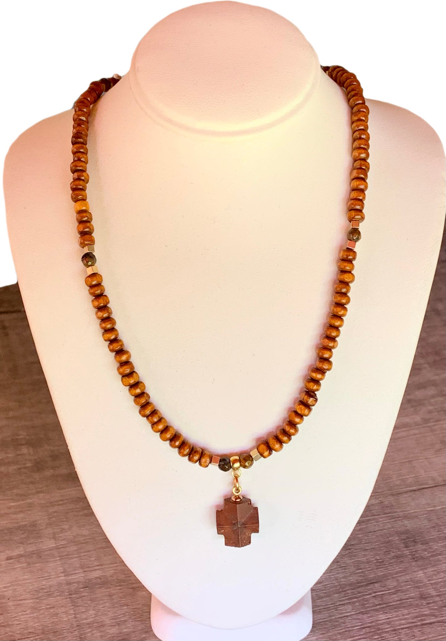 Christof Handmade Wood, Tigers Eye, and Hematite 24" Necklace With A Vintage Greek Square Cross
