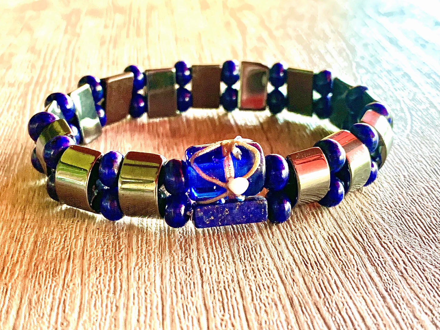 🔴SOLD🔴Dean Handmade Lapis Lazuli, Hematite, and Hand Blown Glass Expandable Bracelet