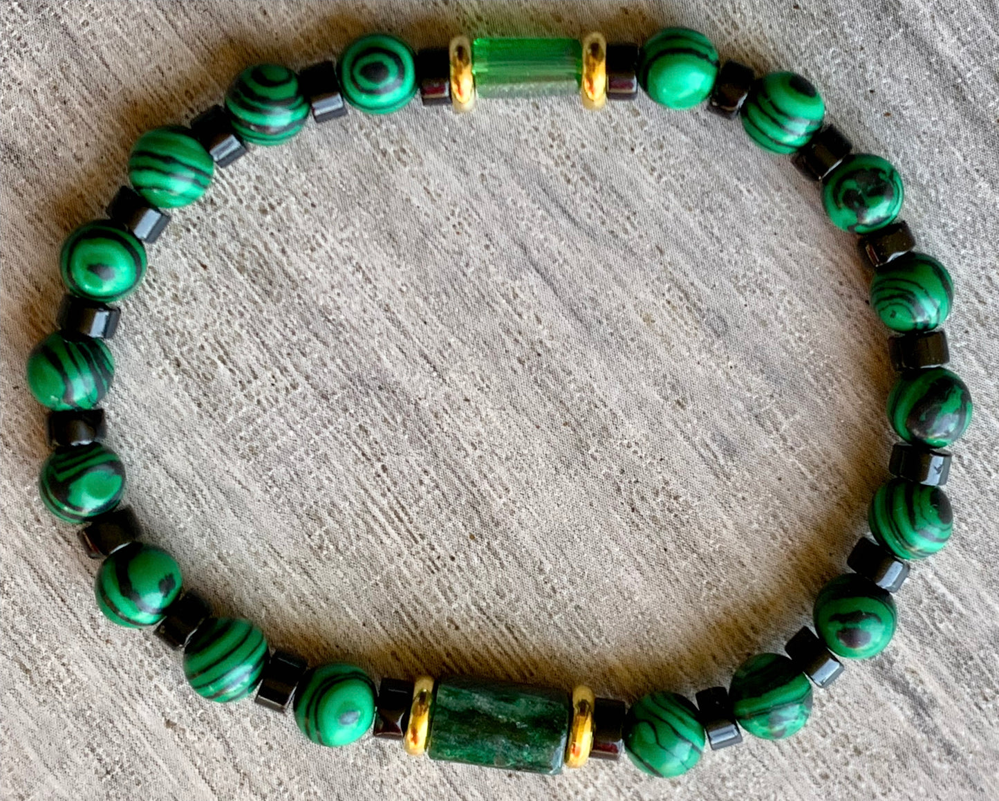 🔴SOLD🔴Drew Handmade Emerald, Malachite, Black Quartz, and Austrian Crystal Expandable Bracelet/ Anklet