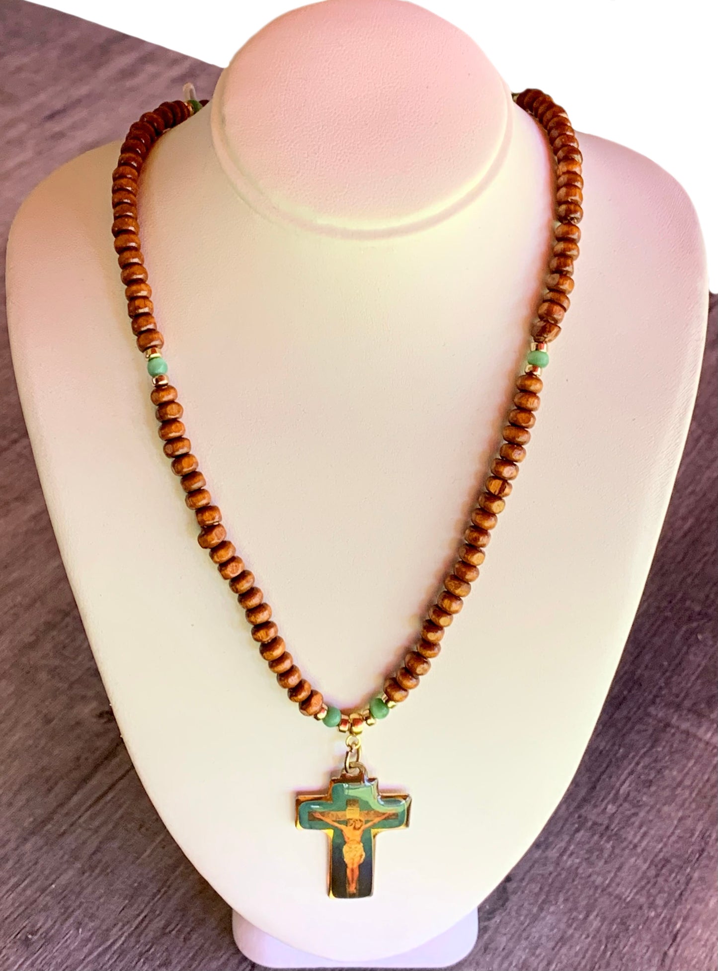 Jesus Handmade Cats Eye, Gold Plated Hematite, and Wood with a Vintage One of a Kind Cross with Jesus Christ