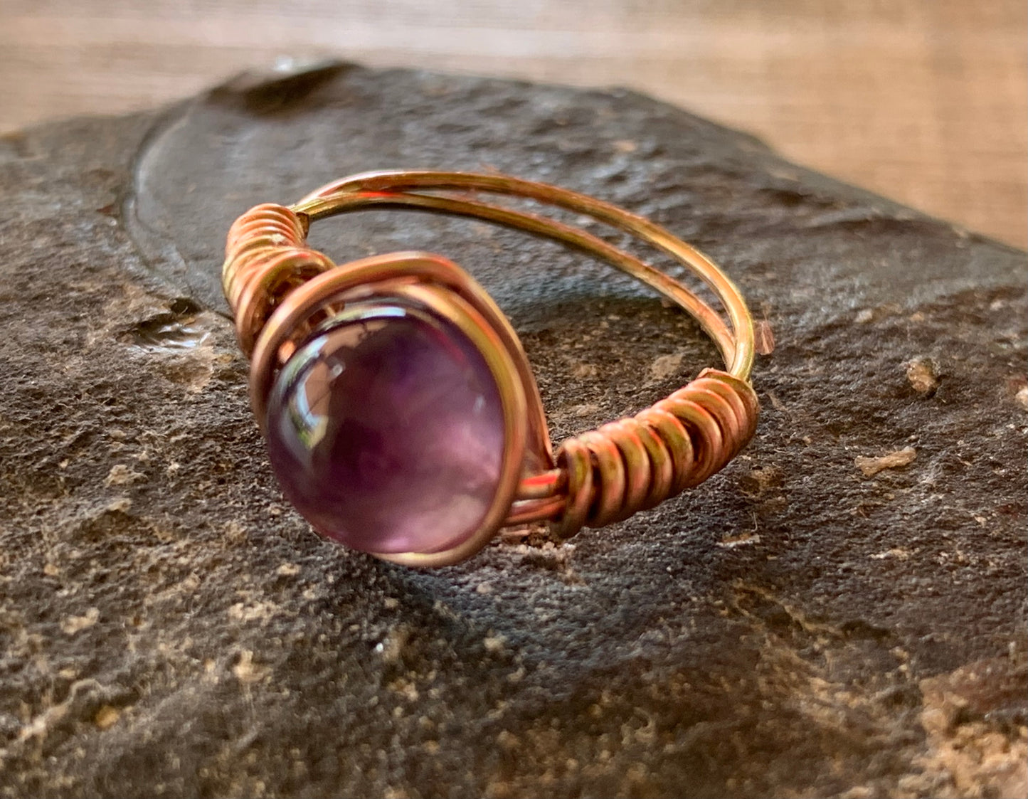 Rosalinda Handmade Amethyst and Rose Gold Wire Wrapped Ring Size 6.5