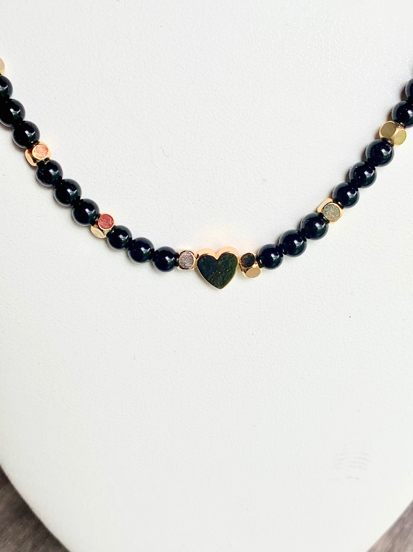 Janice Handmade Black Tourmaline, Gold Plated Hematite Heart, and Brass Findings Necklace/ Choker