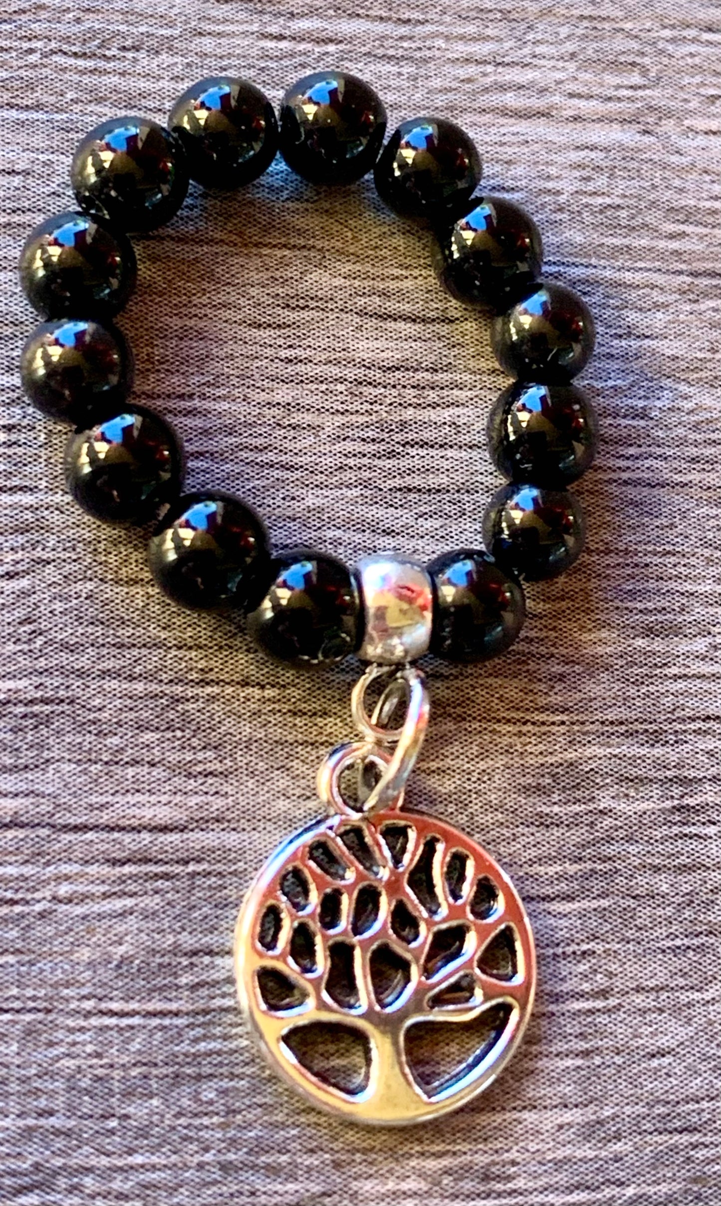 Art Handmade Black Tourmaline Expandable Ring with a Tree of Life Charm