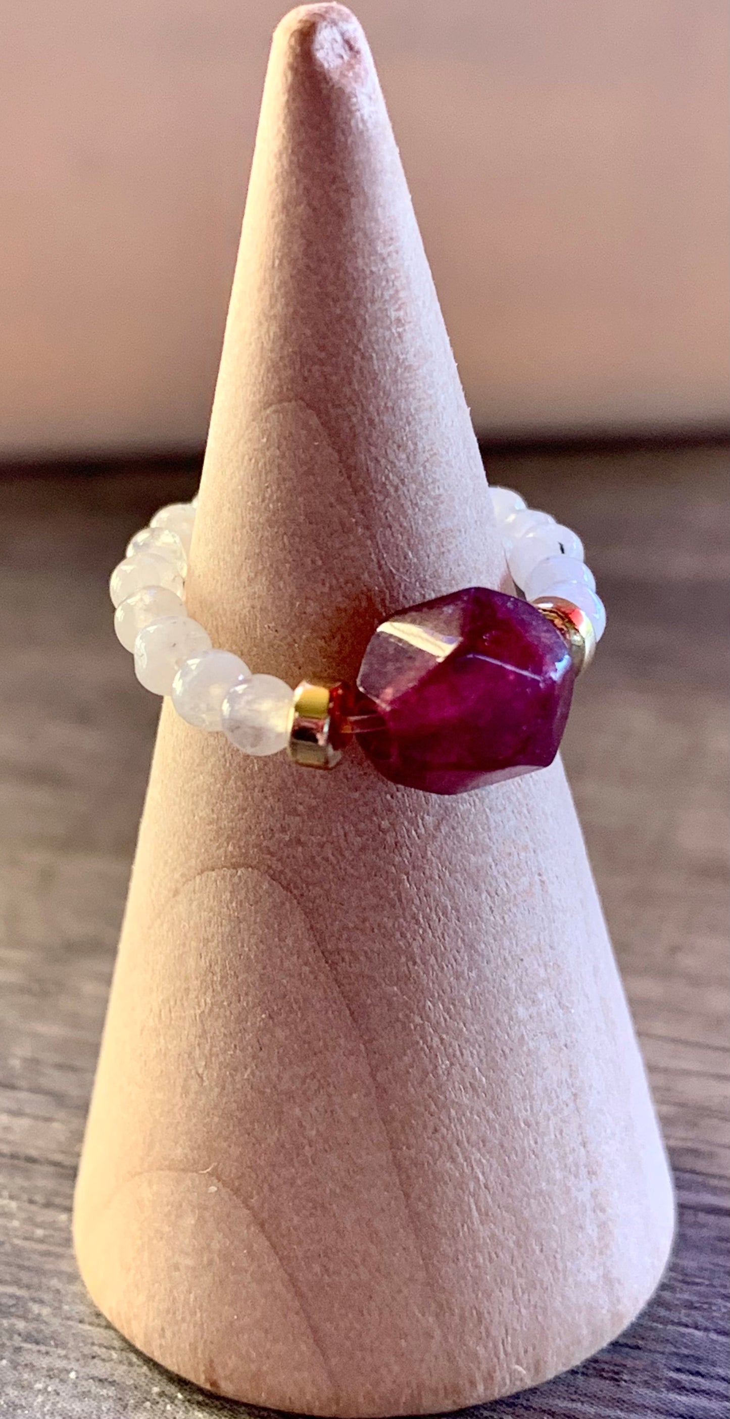 Linda Handmade Moonstone, Red Chalcedony, and Gold Plated Hematite Expandable Ring