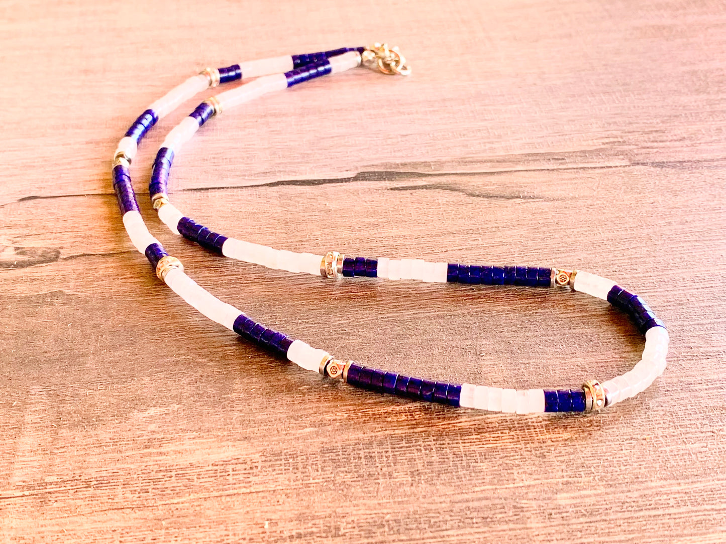 Monty Handmade Lapis Lazuli, Moonstone and Silver Plated Hematite 21" Necklace.