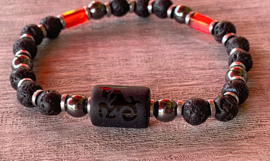 Aries Handmade Black Lava Stone, Hematite, Austrian Crystal, and Black Onyx Etched With Symbols for Aries
