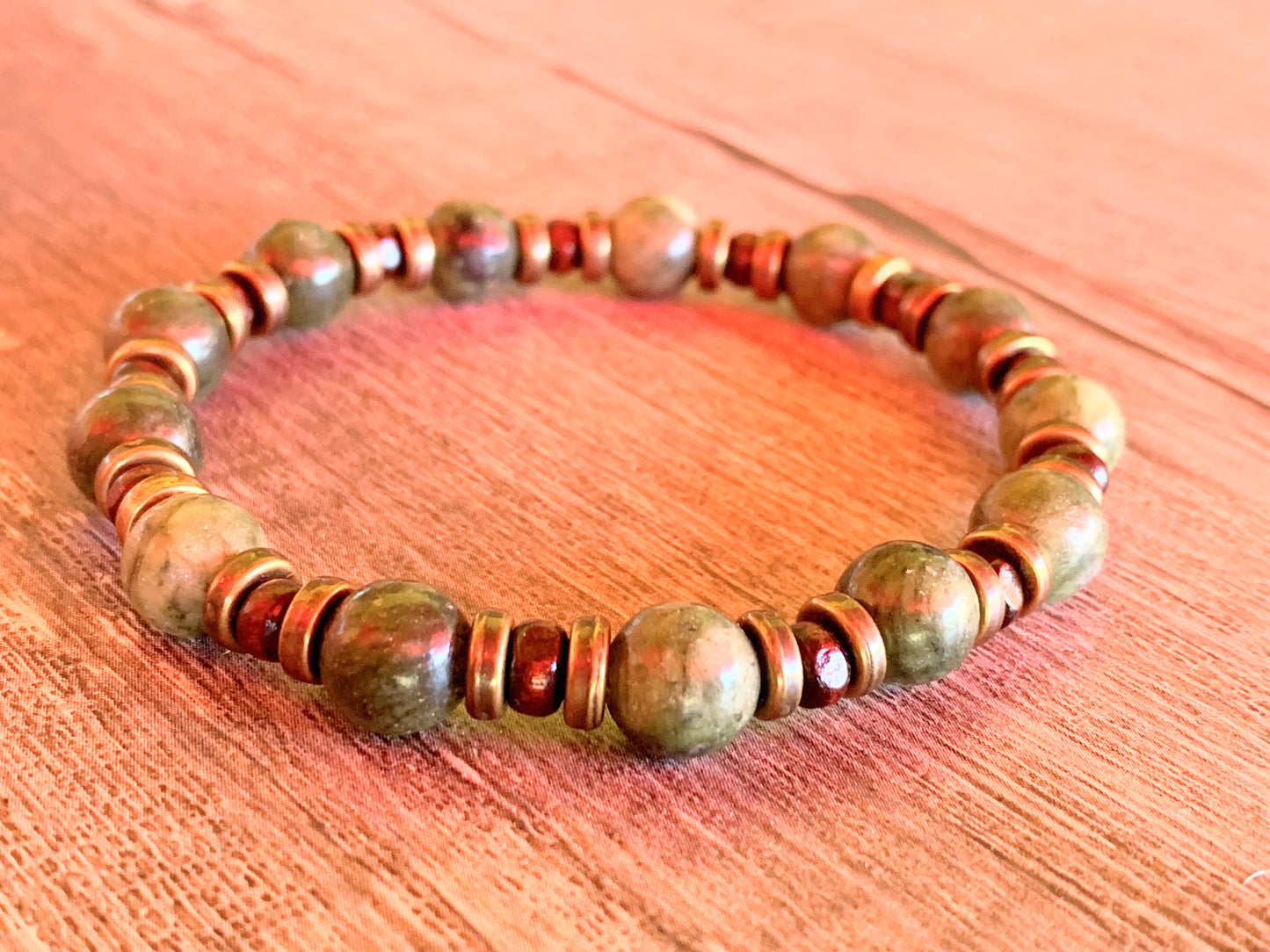 🔴SOLD🔴 Jamie Handmade Chinese Green Jade, Wood, and Antique Gold Expandable Bracelet