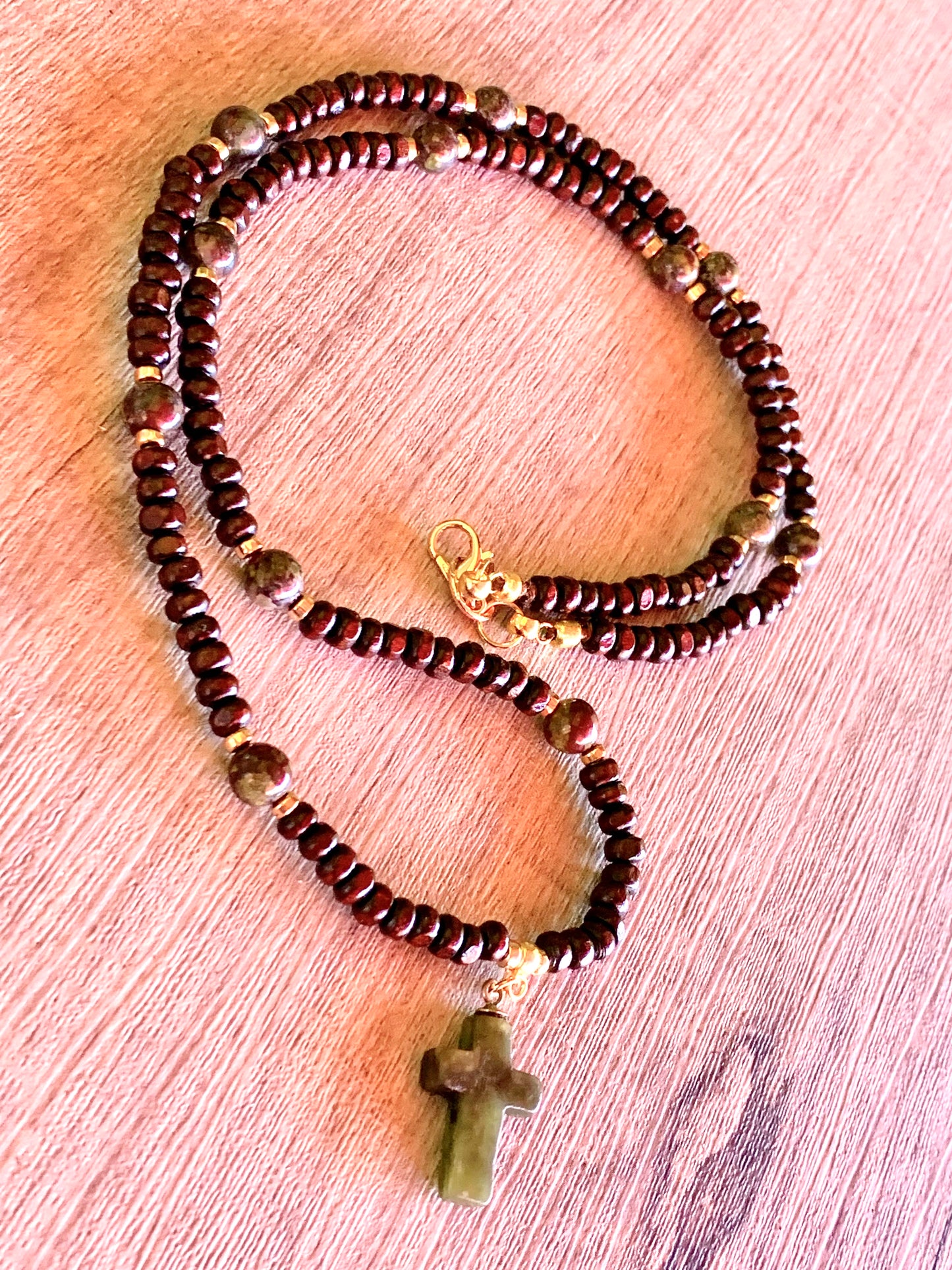 Luke Handmade Dragon Bloodstone Jasper, Dark Wood, Gold Plated Hematite Necklace With a Vintage Jade Cross