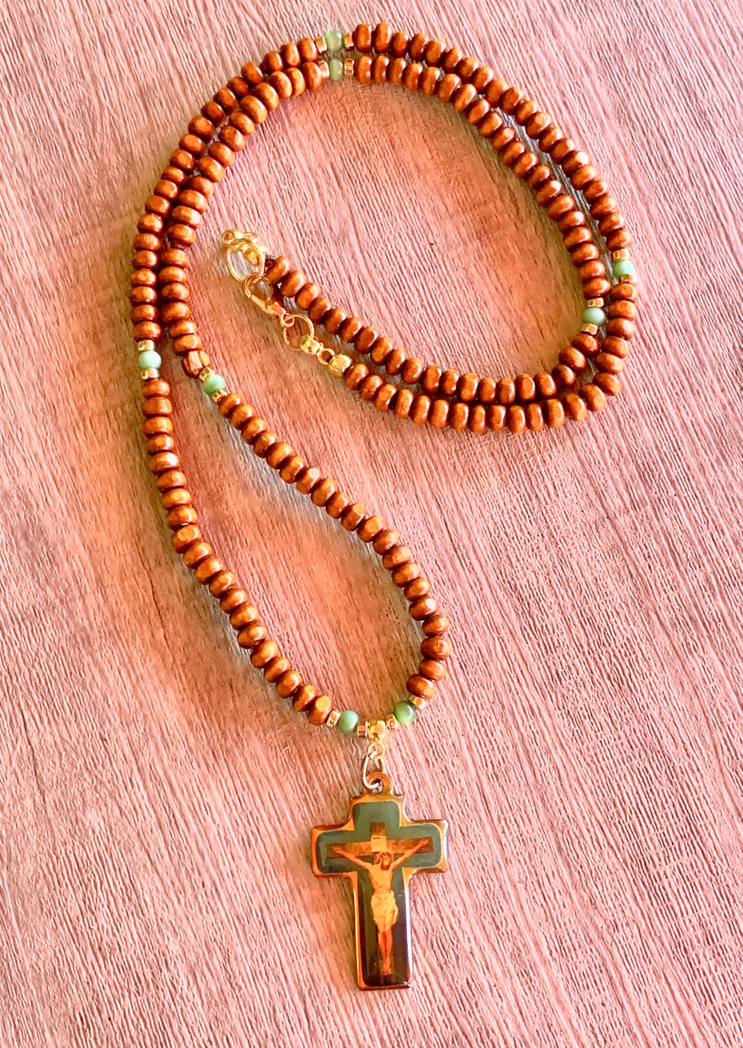 Jesus Handmade Cats Eye, Gold Plated Hematite, and Wood with a Vintage One of a Kind Cross with Jesus Christ