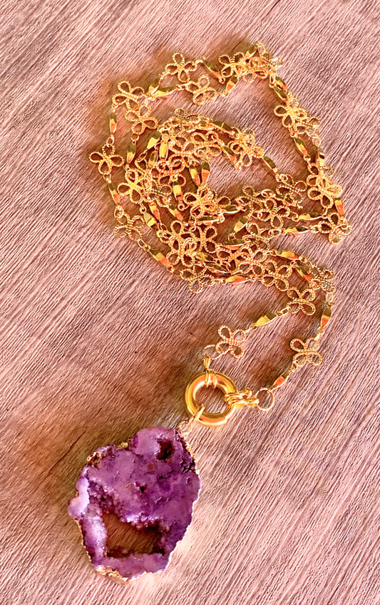 🔴SOLD🔴Violet Handmade Druzy On a 30" or 40" Gold Plated Flower Necklace